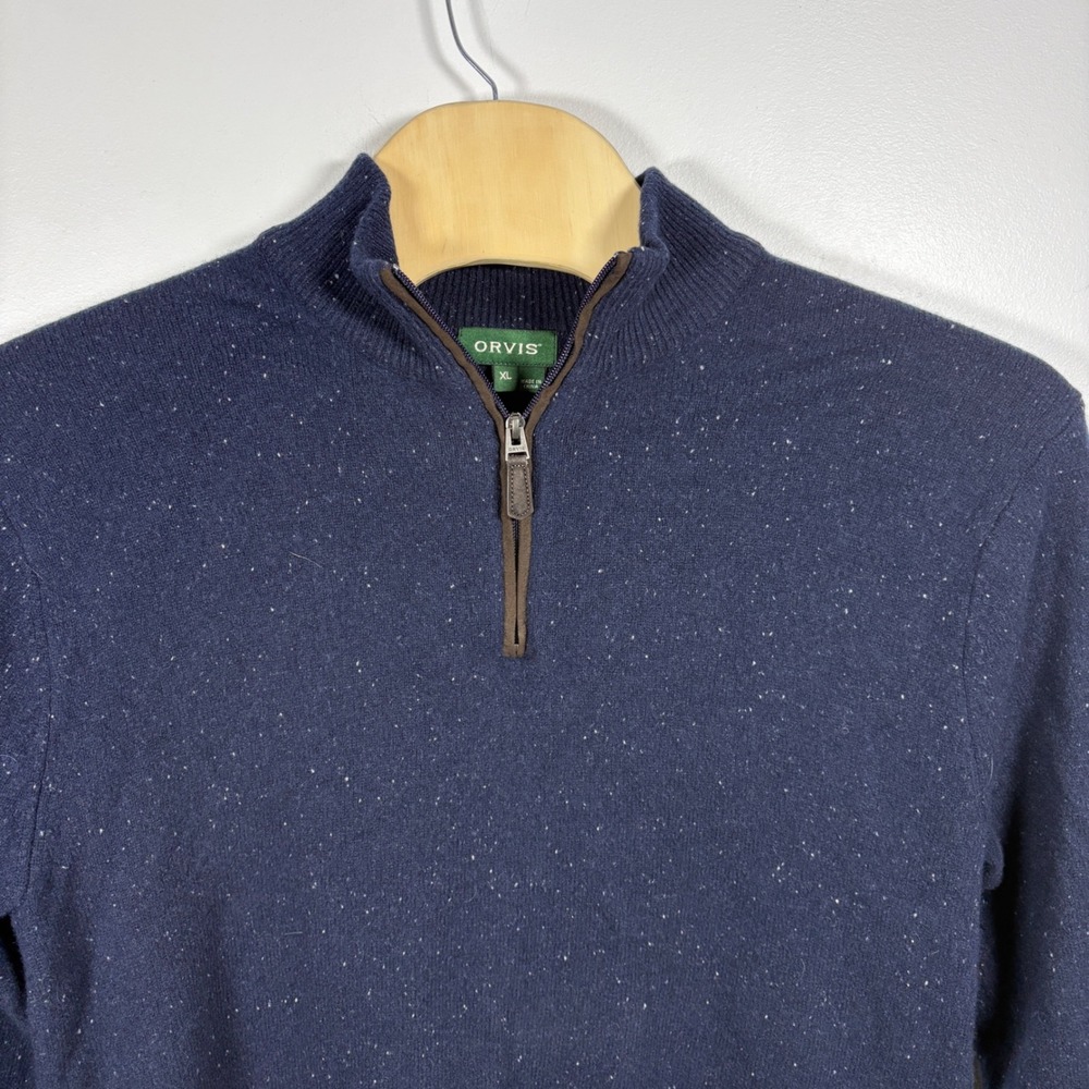 Orvis Mens XL Navy Blue Flecked 100% Wool Quarter Zip Pullover Sweater